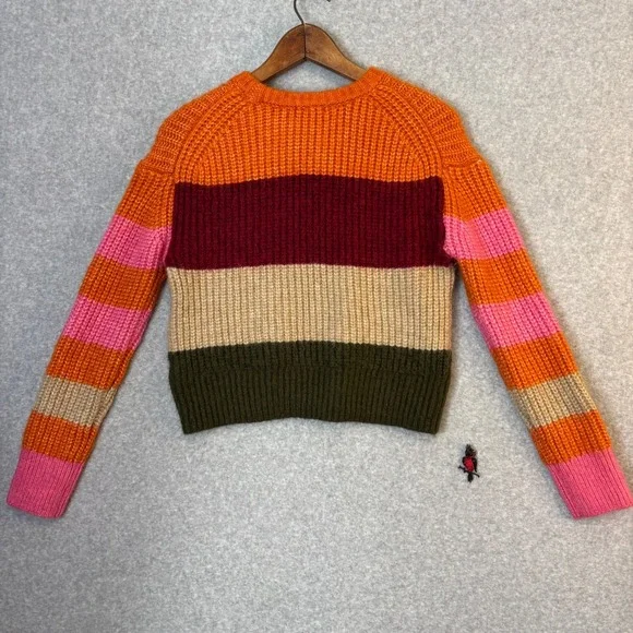 GB Women's XS Knit Sweater Striped Acrylic Wool Blend Orange Burgundy Tan Short - Picture 3 of 7